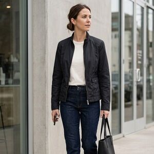 🔴 Coldwater Creek Black Lightweight Moto Jacket Quilted Shoulder Tech Utility